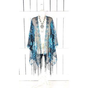 Blue black floral sequin sheer kimono cover up jacket